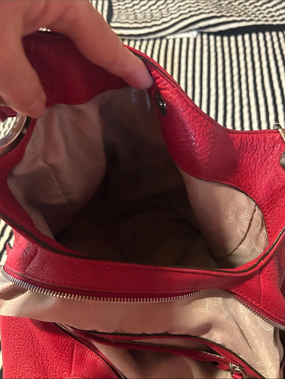 Michael Kors Pink-Red Pebbled Leather Shoulder Bag with Silver Hardware